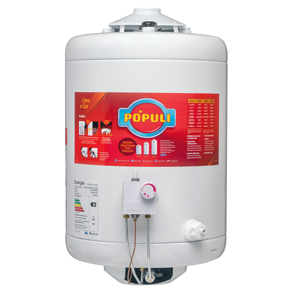 TERMOTANQUE 45 LITROS POPULI GAS NATURAL CARGA SUPERIOR |ECOTERMO TPOP8NS045|