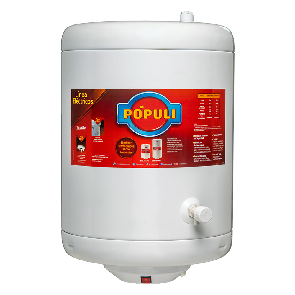 TERMOTANQUE POPULI 53 LITROS 1400 WATTS CARGA-INFERIOR | ECOTERMO TPOP70l053│