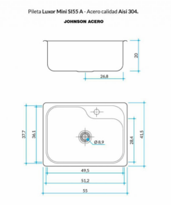 Alternative view of PILETA DE COCINA SIMPLE CON AGUJERO DOSIFICADOR ENCASTRABLE JOHNSON LUXOR MINI SI 55 AD
